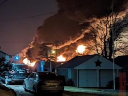 Smoke from the 2023 Ohio train derailment taken during the night of February 3rd